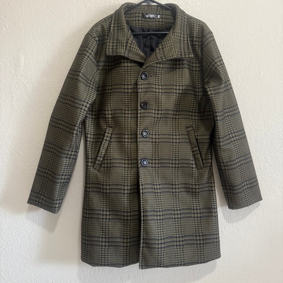 Flex Supply Mens Houndstooth Button Up Mid Length Coat Jacket Olive Black XL - Picture 2 of 11